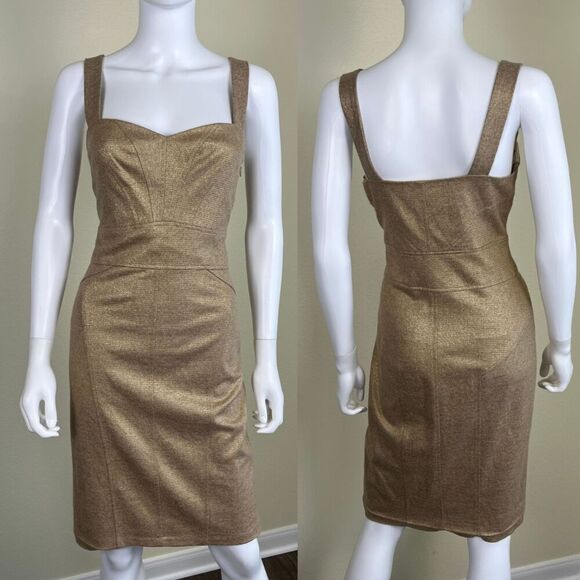 Diane Von Furstenberg Women's Size 8 Gold Matallic Tan Wool Sheath Dress Party - Picture 1 of 14